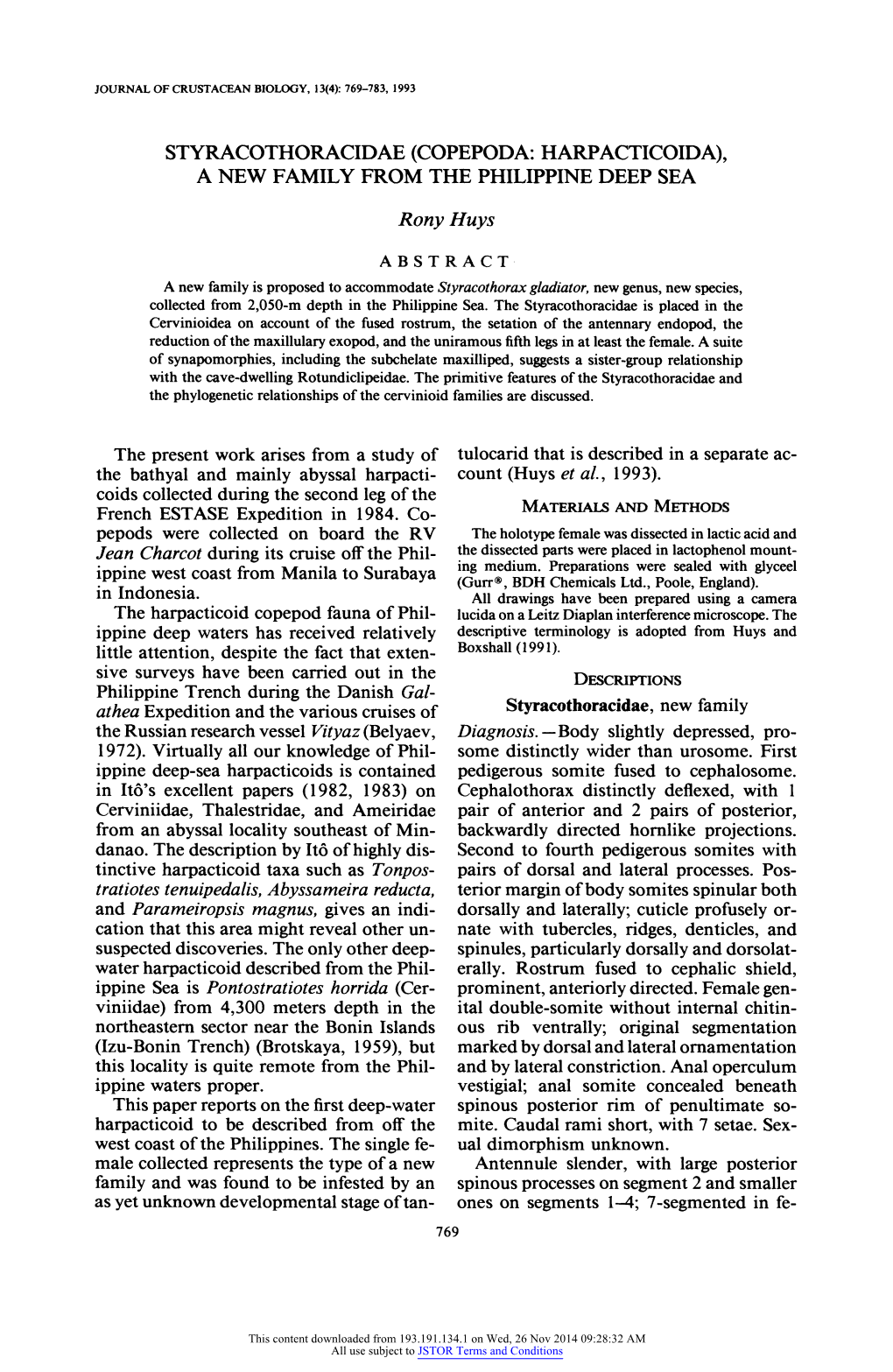 Styracothoracidae (Copepoda: Harpacticoida), a New Family from the Philippine Deep Sea