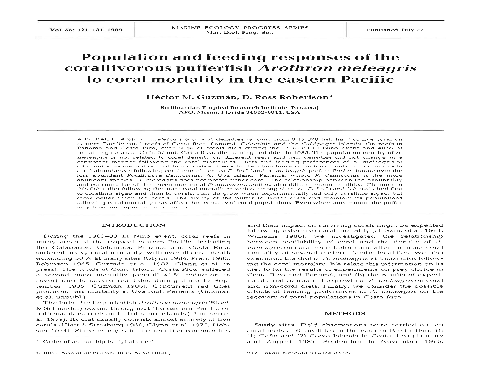 Population and Feeding Responses of the Corallivorous Pufferfish Arothron Meleagris to Coral Mortality in the Eastern Pacific