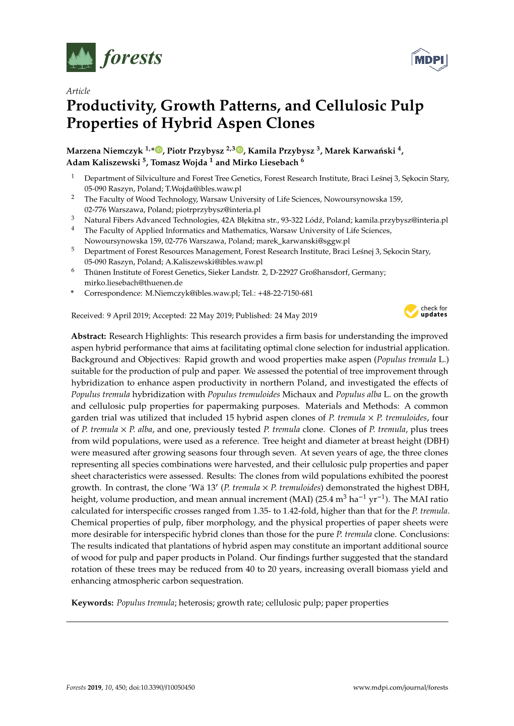 Productivity, Growth Patterns, and Cellulosic Pulp Properties of Hybrid Aspen Clones