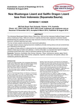 New Bluetongue Lizard and Sailfin Dragon Lizard Taxa from Indonesia (Squamata:Sauria)