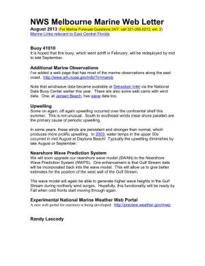 NWS Melbourne Marine Web Letter August 2013 (For Marine Forecast Questions 24/7: Call 321-255-0212, Ext