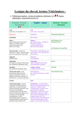 Lexique Des Pathologie Du Cheval
