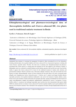 Ethnopharmacological and Pharmaco-Toxicological Data of Sarcocephalus Latifolius and Crateva Adansonii DC, Two Plants Used in Traditional Malaria Treatment in Benin