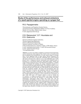 Study of the Performance and Exhaust Emissions of a Spark-Ignited Engine Operating on Syngas Fuel R.G. Papagiannakis C.D. Rakop