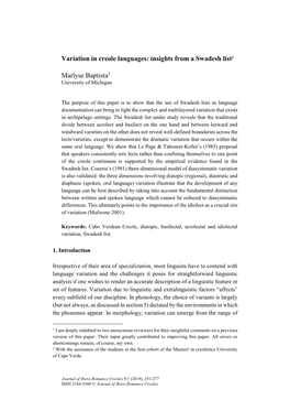 Variation in Creole Languages: Insights from a Swadesh List1 Marlyse