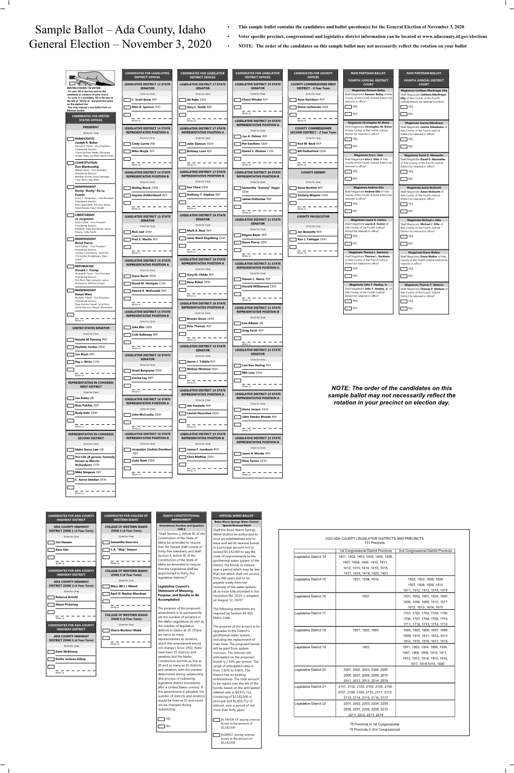 Sample Ballot Ada County, Idaho General Election November 3, 2020