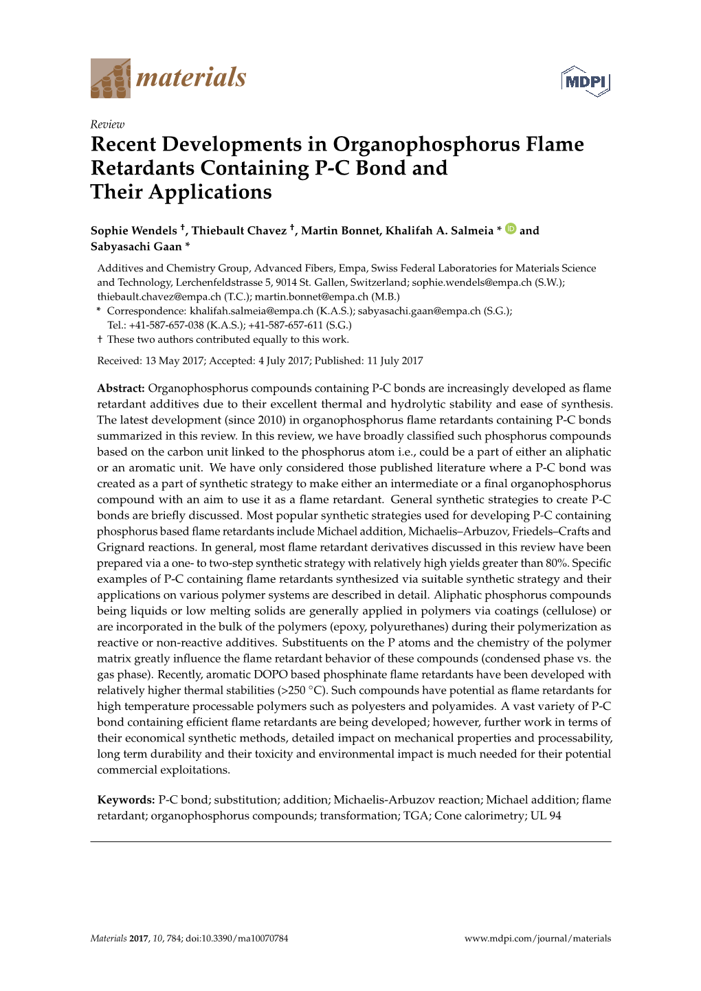 Recent Developments in Organophosphorus Flame Retardants Containing P-C Bond and Their Applications