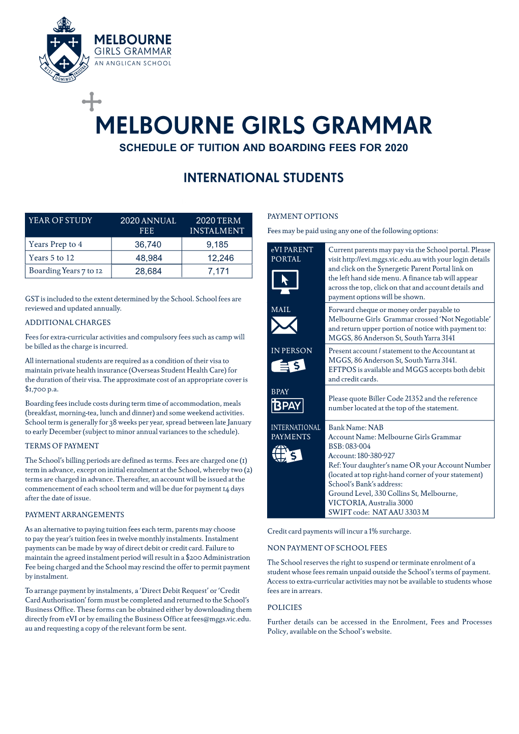 Melbourne Girls Grammar Schedule of Tuition and Boarding Fees for 2020