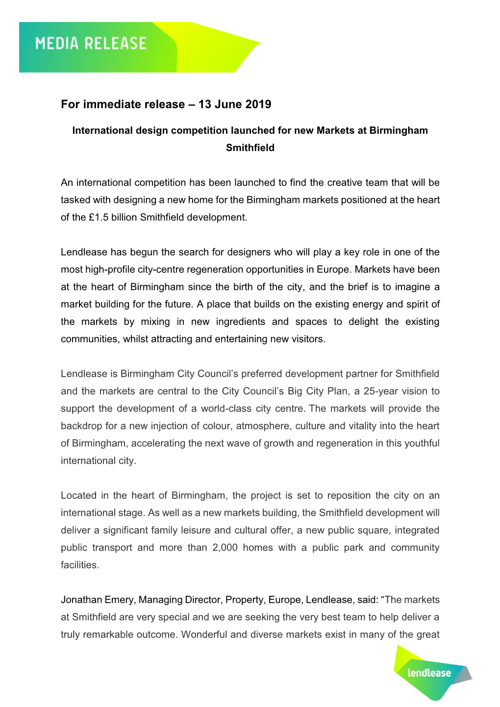 For Immediate Release – 13 June 2019