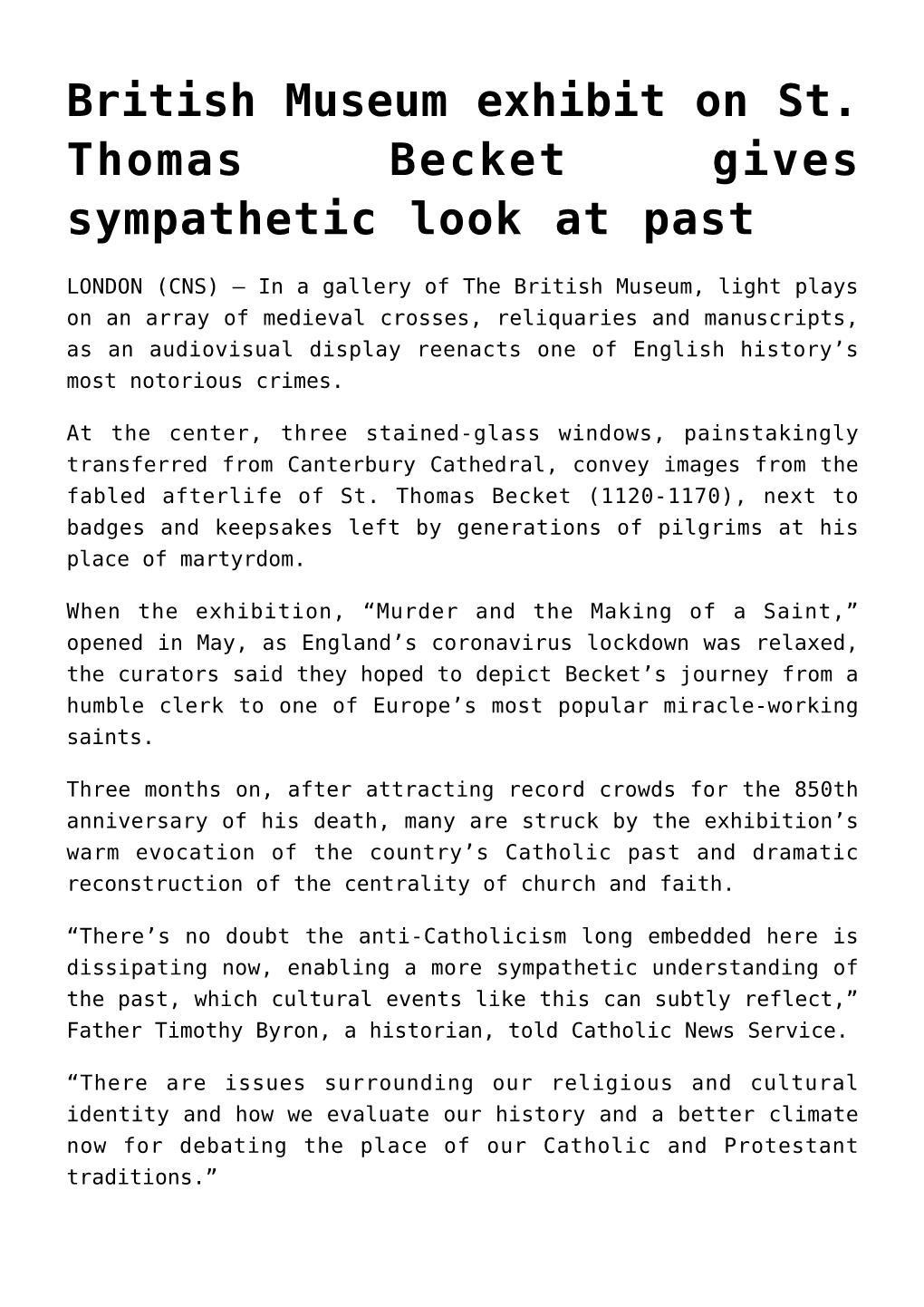 British Museum Exhibit on St. Thomas Becket Gives Sympathetic Look at Past