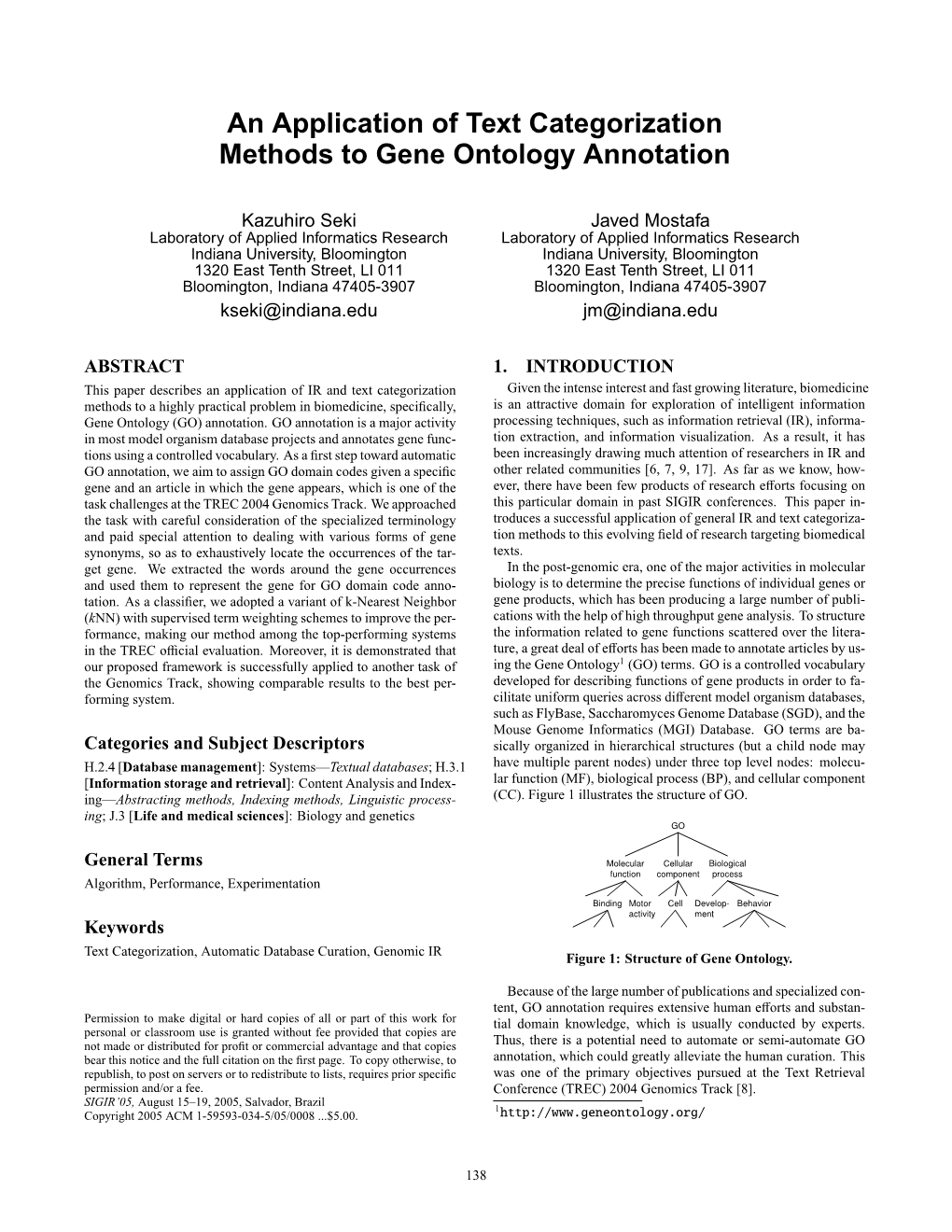 An Application of Text Categorization Methods to Gene Ontology Annotation