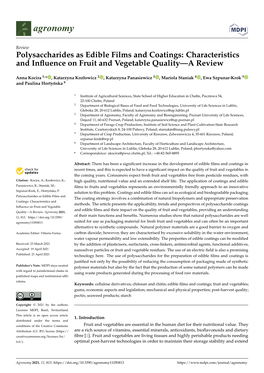 Polysaccharides As Edible Films and Coatings: Characteristics and Inﬂuence on Fruit and Vegetable Quality—A Review