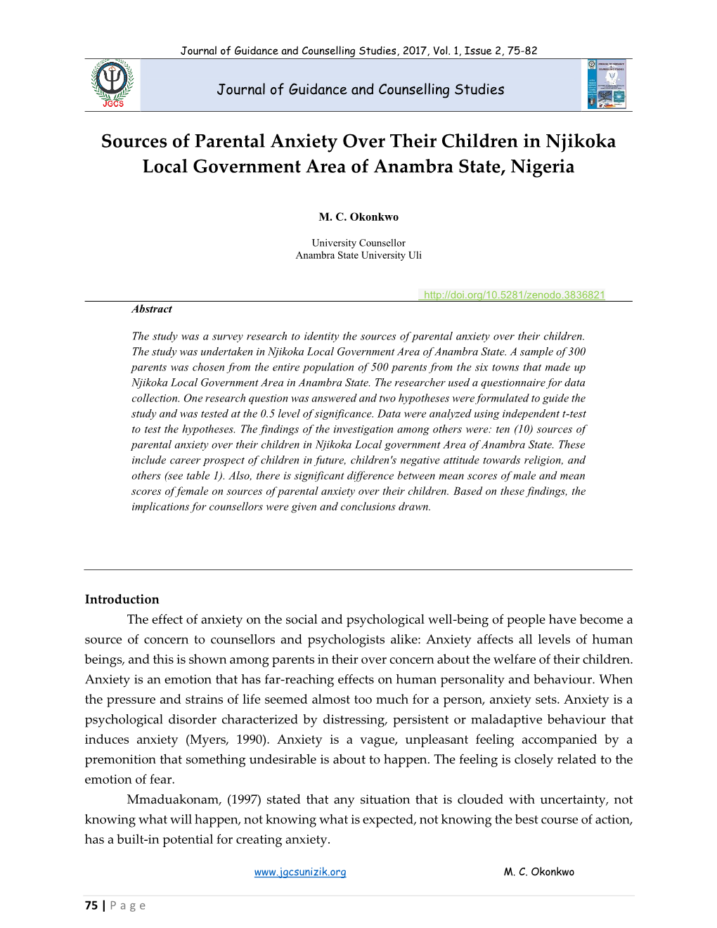 Sources of Parental Anxiety Over Their Children in Njikoka Local Government Area of Anambra State, Nigeria