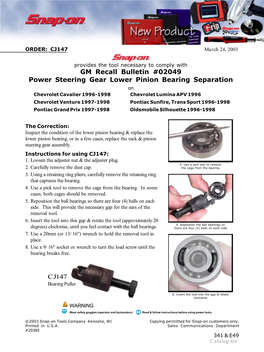 CJ147 GM Recall Bulletin #02049 Power Steering Gear Lower Pinion