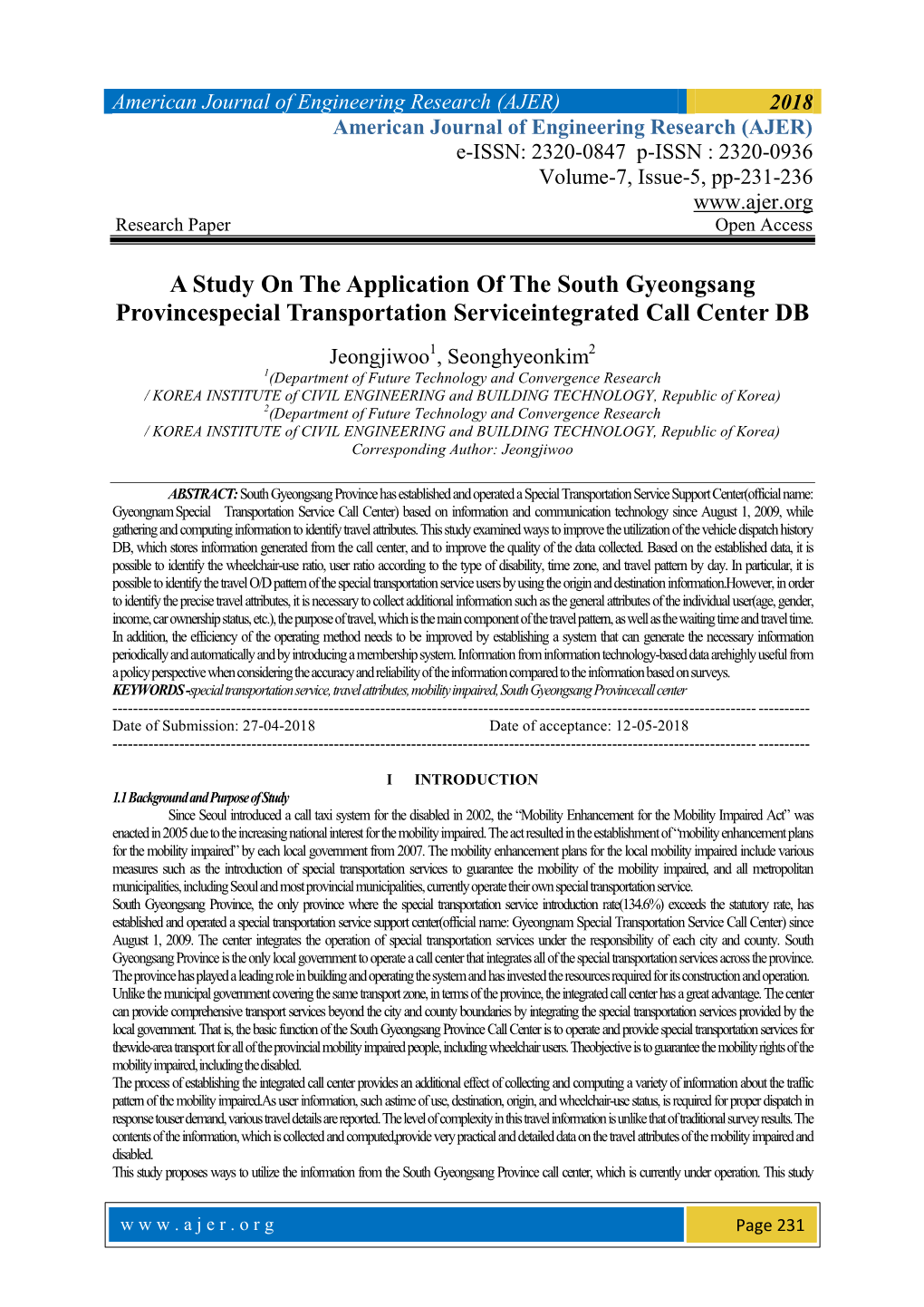 A Study on the Application of the South Gyeongsang Provincespecial Transportation Serviceintegrated Call Center DB