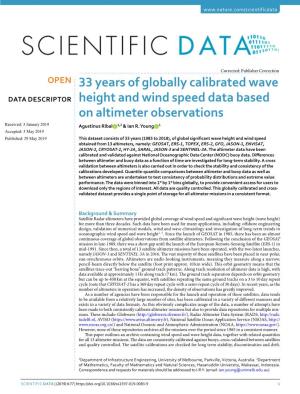 33 Years of Globally Calibrated Wave Height and Wind Speed Data Based on Altimeter Observations