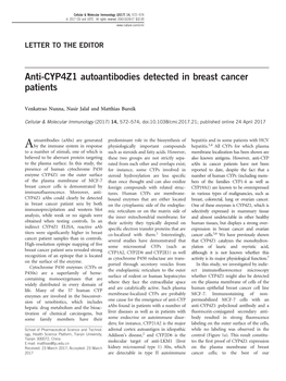 Anti-CYP4Z1 Autoantibodies Detected in Breast Cancer Patients
