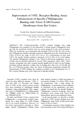 Enhancement of Specific [3Hlquipazine Binding with Triton X-100-Treated Membranes from Rat Cortex