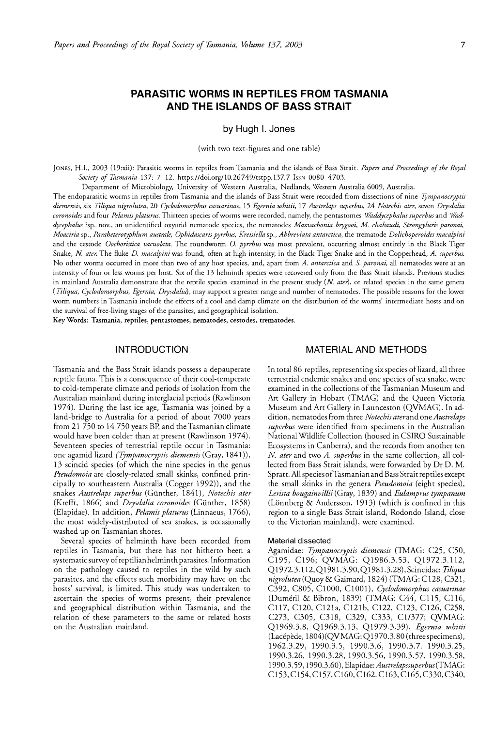 Parasitic Worms in Reptiles from Tasmania and the Islands of Bass Strait