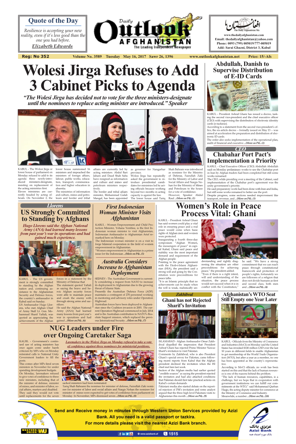 Wolesi Jirga Refuses to Add 3 Cabinet Picks to Agenda