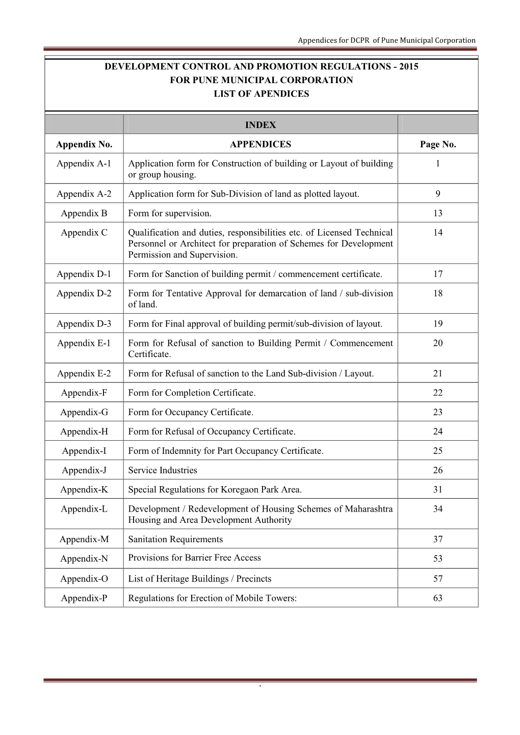 Appendices for DCPR of Pune Municipal Corporation