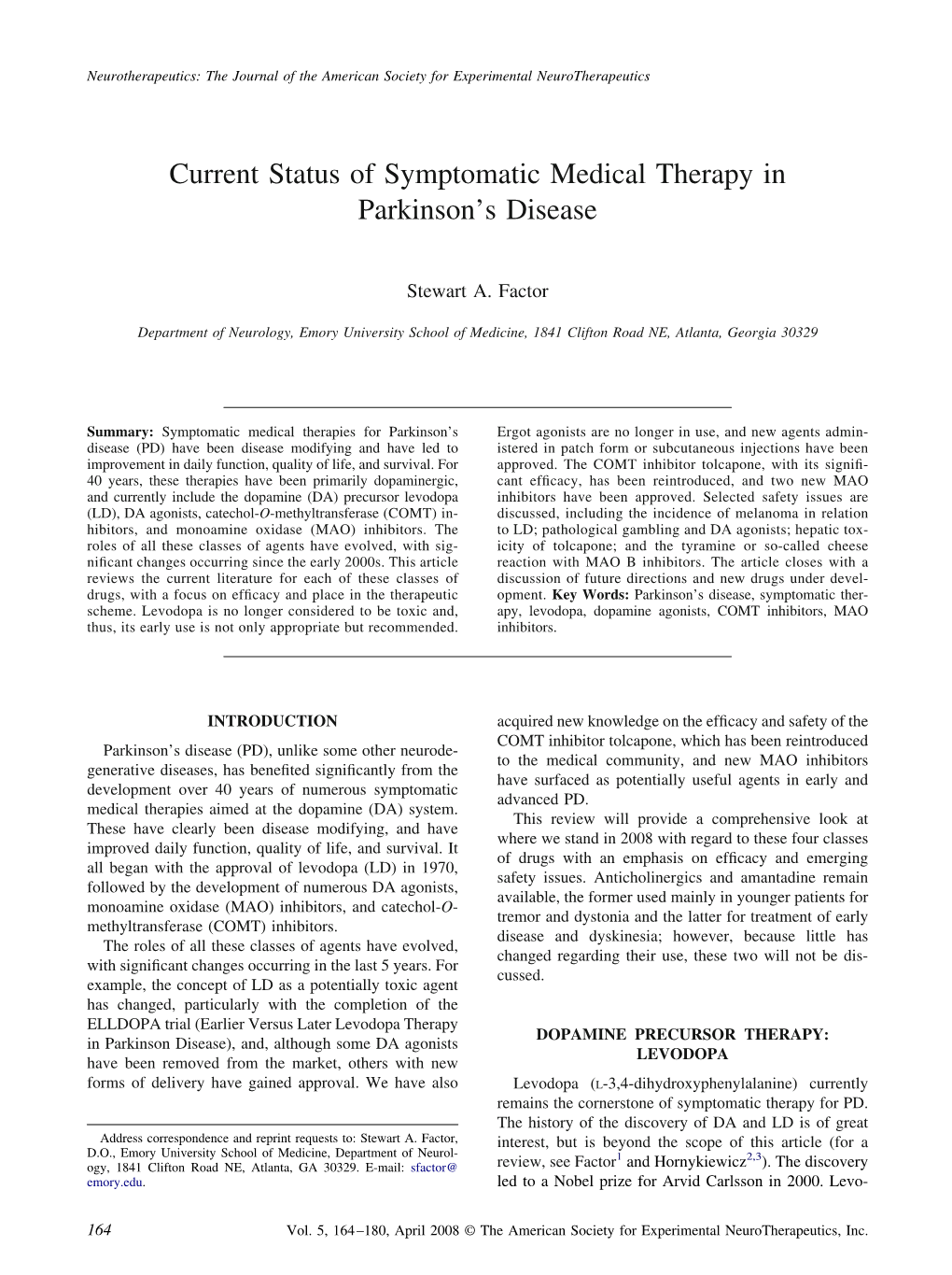 Current Status of Symptomatic Medical Therapy in Parkinson’