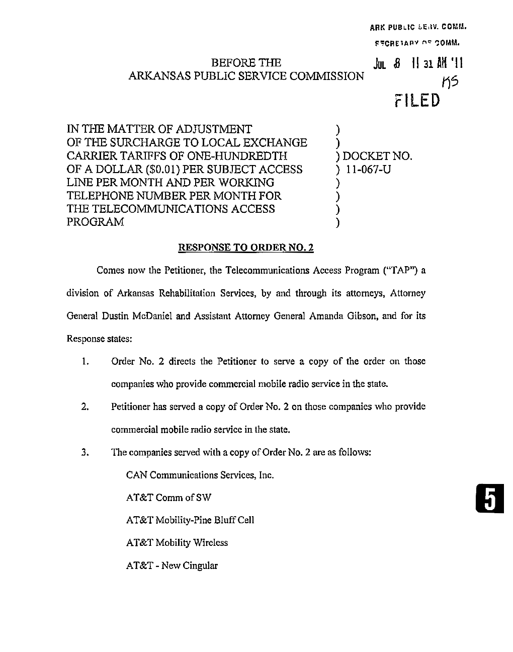 Of Thj3 Surcharge to Local Exchange 1 Carrier Tariffs of One-Hundredth ) Docket No