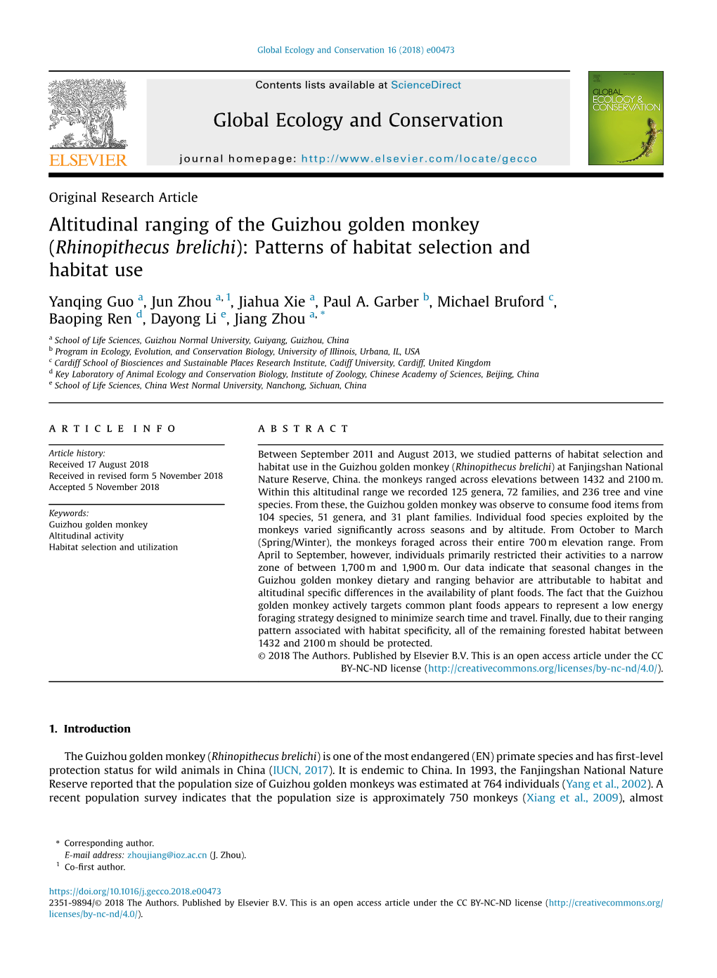 Rhinopithecus Brelichi): Patterns of Habitat Selection and Habitat Use