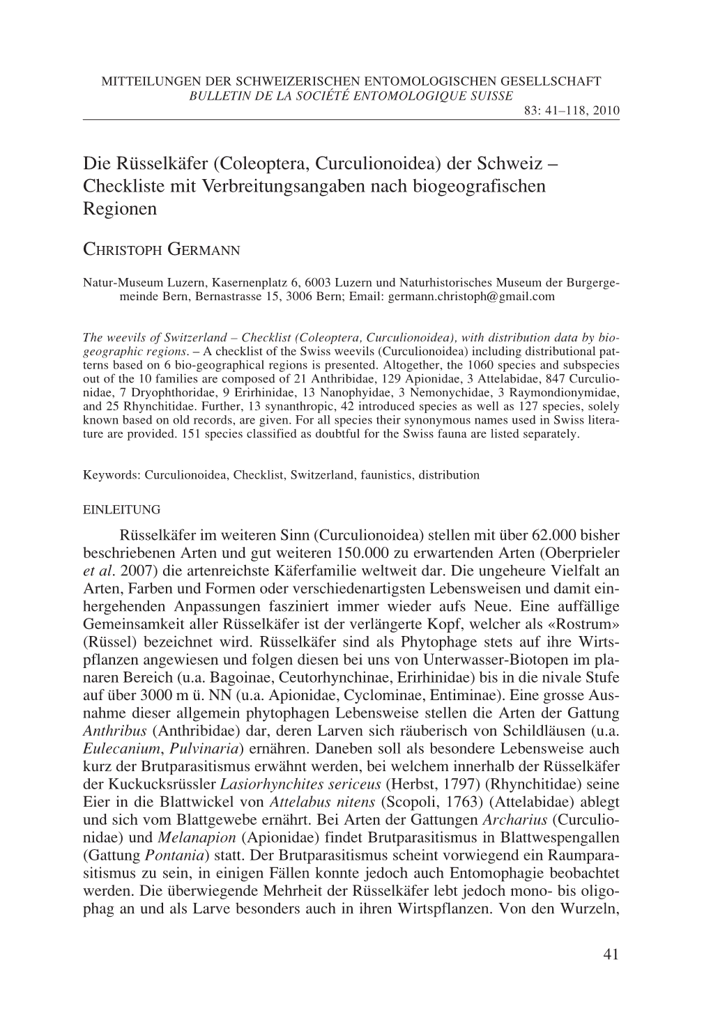 Die Rüsselkäfer (Coleoptera, Curculionoidea) Der Schweiz – Checkliste Mit Verbreitungsangaben Nach Biogeografischen Regionen