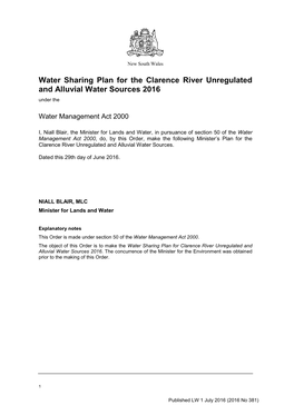 Water Sharing Plan for the Clarence River Unregulated and Alluvial Water Sources 2016 Under The