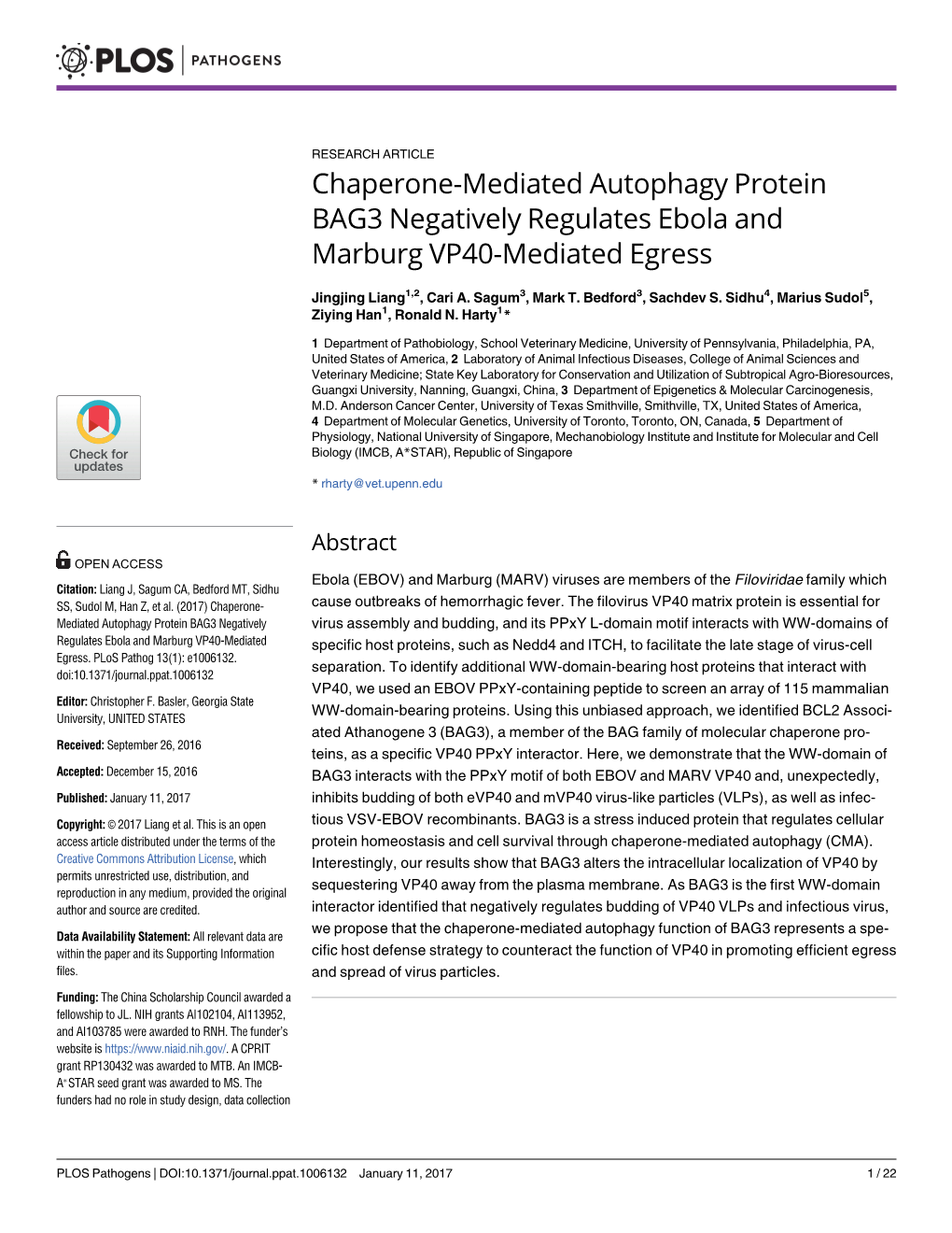 Chaperone-Mediated Autophagy Protein BAG3 Negatively Regulates Ebola and Marburg VP40-Mediated Egress