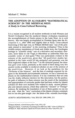 Michael C. Weber the ADOPTION of AL-Farabl's "MATHEMATICAL