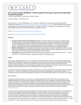 W. P. Carey Provides $92 Million in Sale-Leaseback Financing to Agrokor Through Retail Portfolio Acquisition Proceeds Support Agrokor's Expansion and Growth Strategy