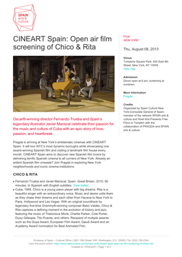 CINEART Spain: Open Air Film NEW YORK Screening of Chico & Rita Thu, August 08, 2013