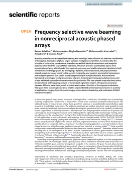 Frequency Selective Wave Beaming in Nonreciprocal Acoustic Phased Arrays Revant Adlakha1,3, Mohammadreza Moghaddaszadeh2,3, Mohammad A