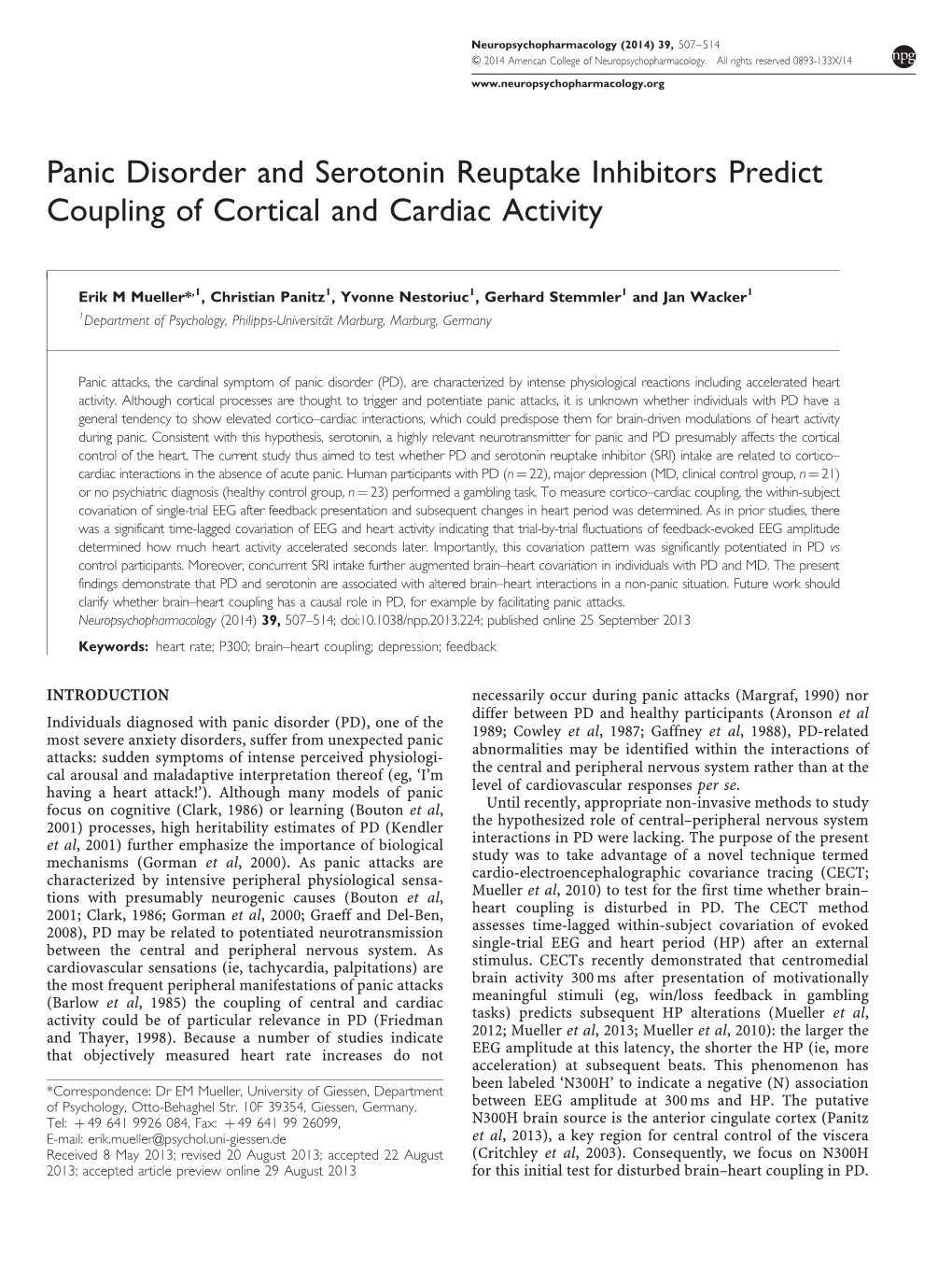 Panic Disorder and Serotonin Reuptake Inhibitors Predict Coupling of Cortical and Cardiac Activity