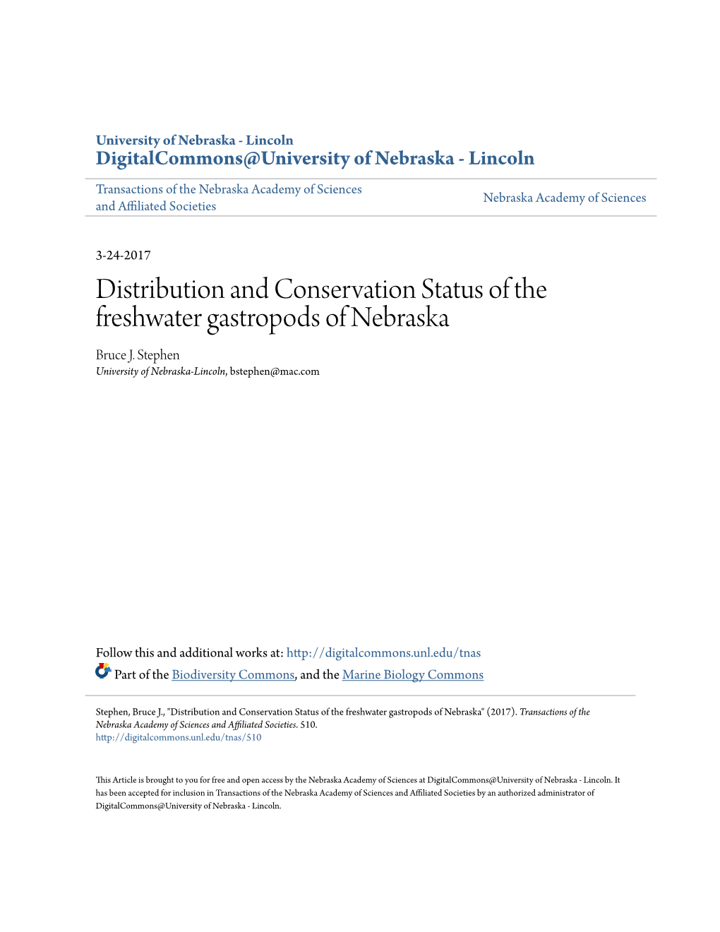 Distribution and Conservation Status of the Freshwater Gastropods of Nebraska Bruce J