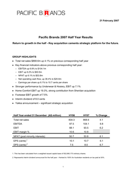 Pacific Brands 2007 Half Year Results