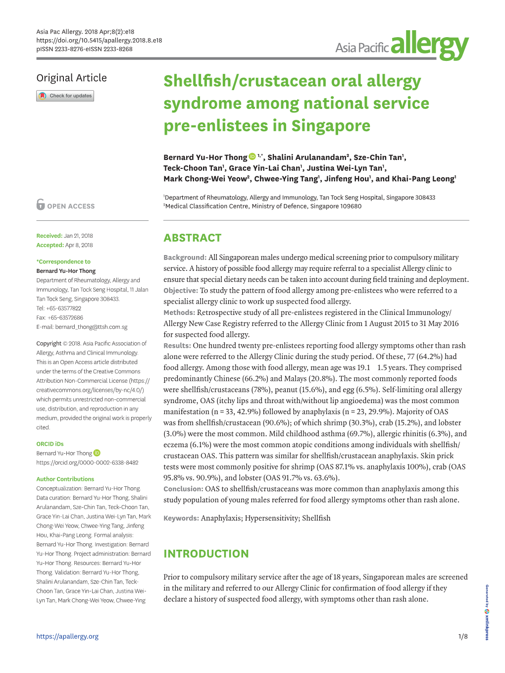 Shellfish/Crustacean Oral Allergy Syndrome Among National Service Pre