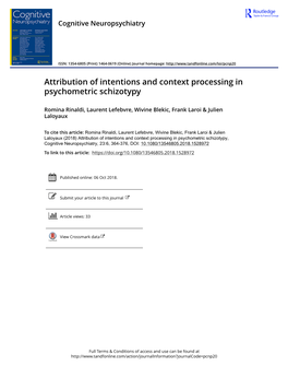 Attribution of Intentions and Context Processing in Psychometric Schizotypy