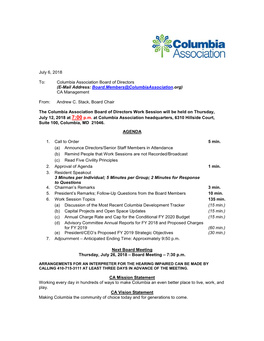 July 6, 2018 To: Columbia Association Board of Directors (E-Mail Address