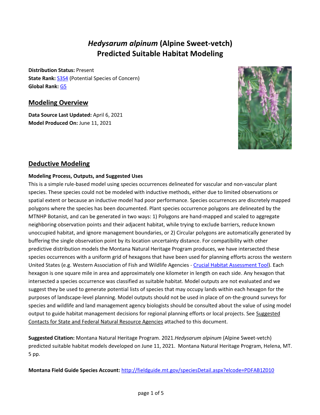 Hedysarum Alpinum (Alpine Sweet-Vetch) Predicted Suitable Habitat Modeling