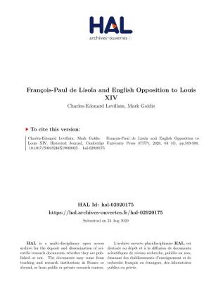 François-Paul De Lisola and English Opposition to Louis XIV Charles-Edouard Levillain, Mark Goldie