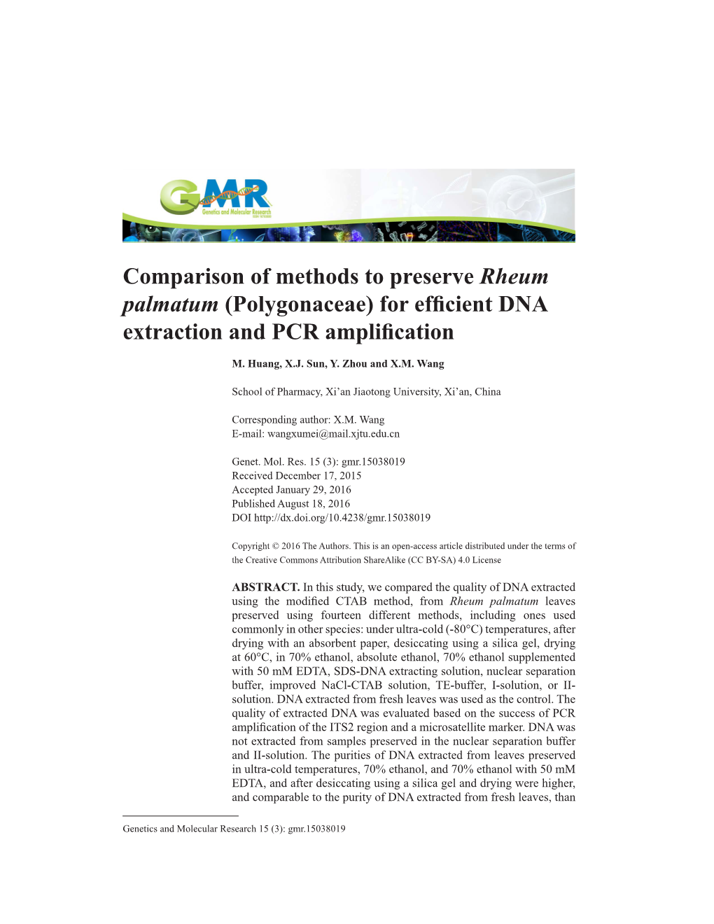 Comparison of Methods to Preserve Rheum Palmatum (Polygonaceae) for Efficient DNA Extraction and PCR Amplification