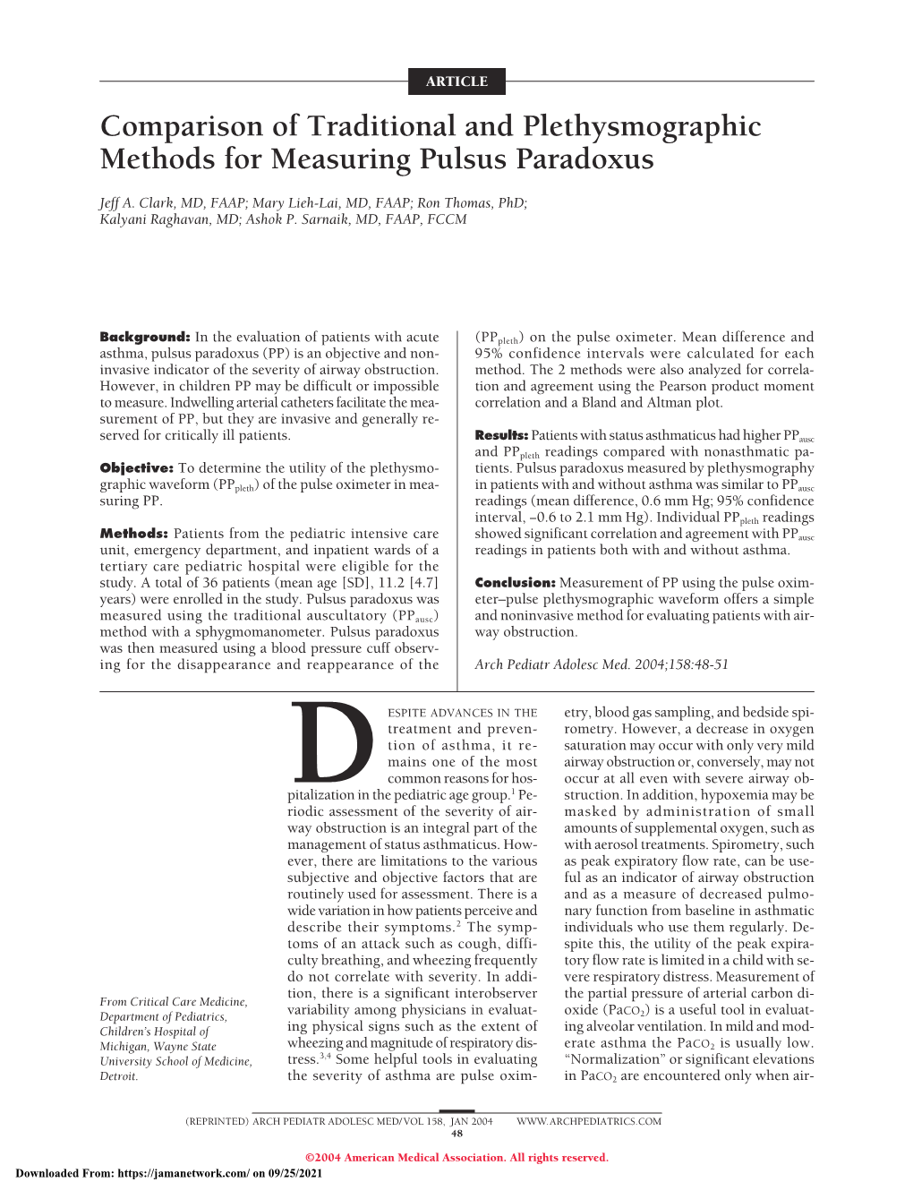 Comparison of Traditional and Plethysmographic Methods for Measuring Pulsus Paradoxus