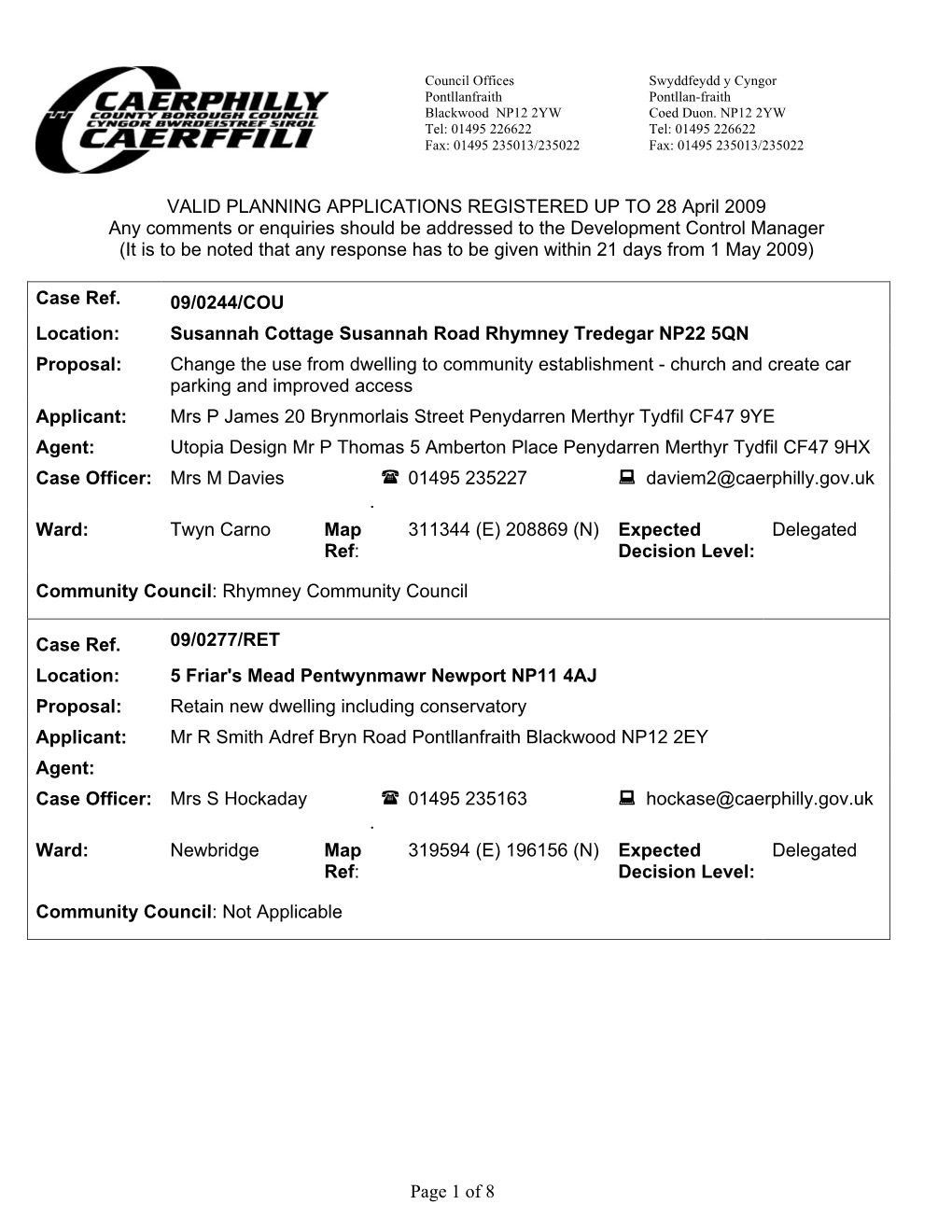 Page 1 of 8 VALID PLANNING APPLICATIONS REGISTERED up to 28 April 2009 Any Comments Or Enquiries Should Be Addressed to the Deve