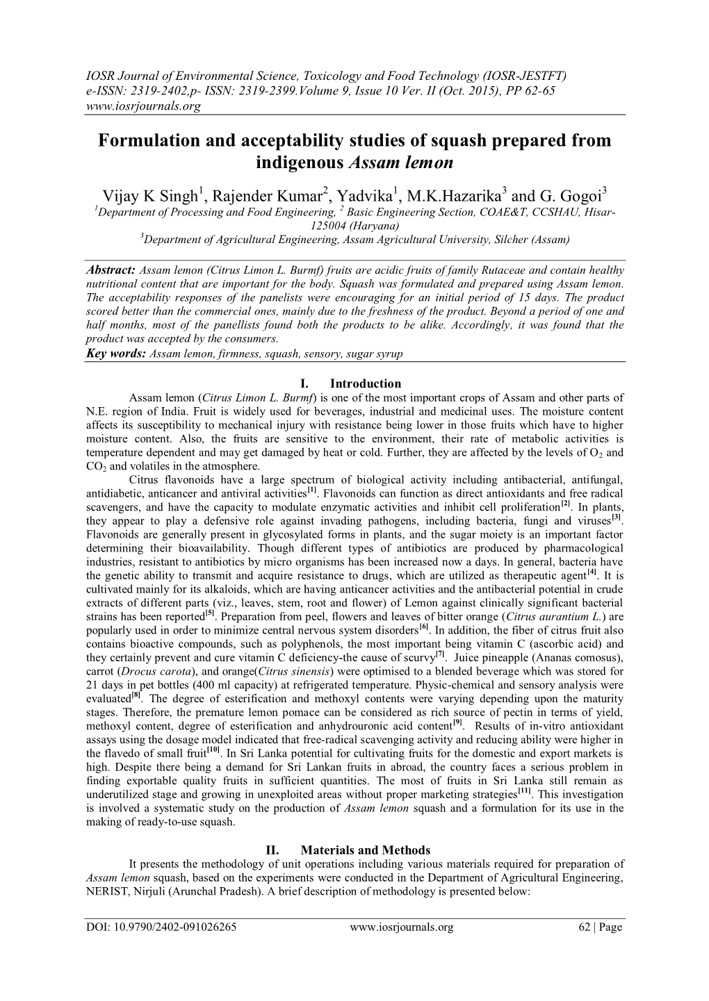 Formulation and Acceptability Studies of Squash Prepared from Indigenous Assam Lemon