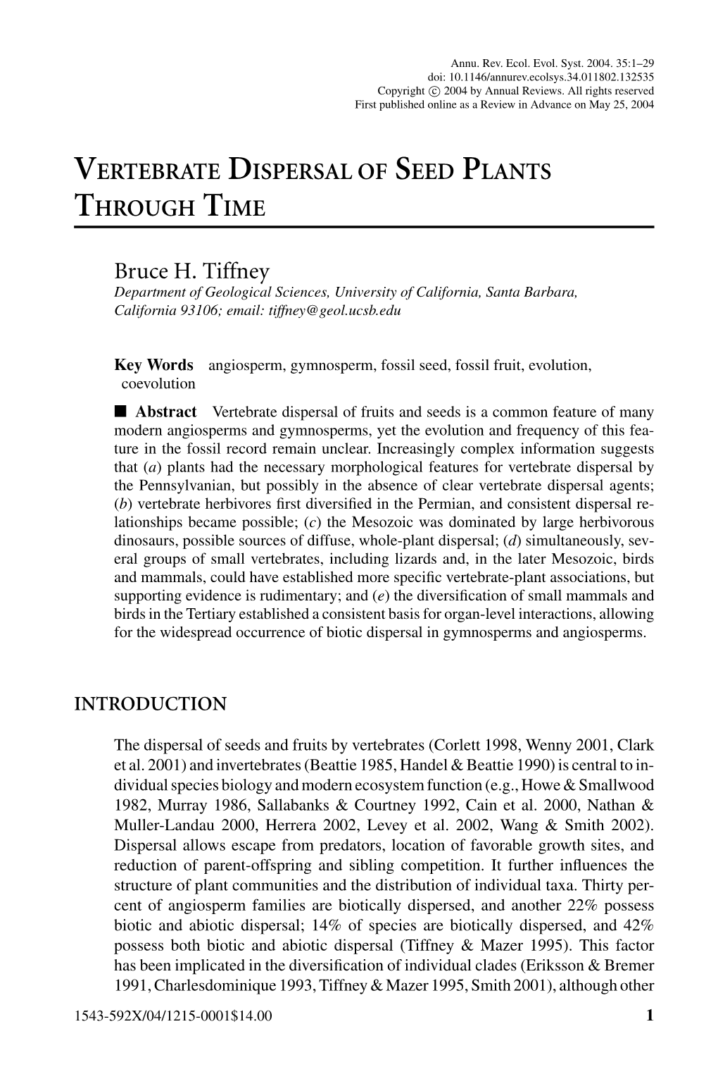 VERTEBRATE DISPERSAL of SEED PLANTS THROUGH TIME Bruce H