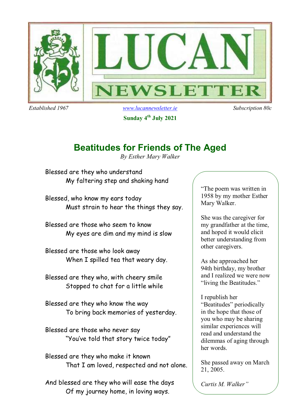Beatitudes for Friends of the Aged by Esther Mary Walker