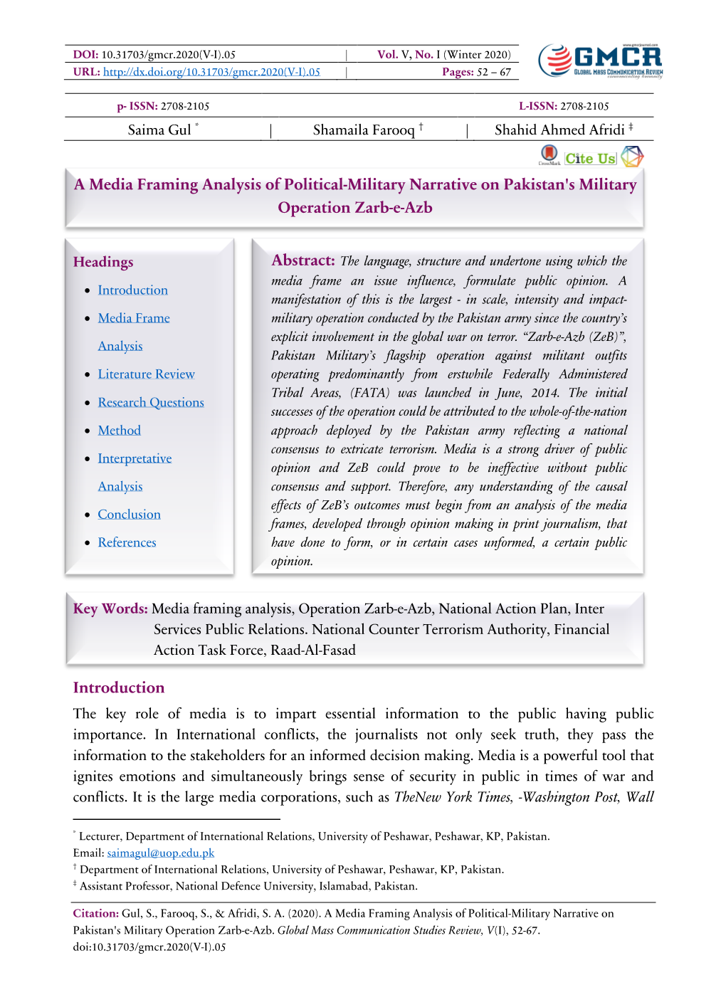 A Media Framing Analysis of Political-Military Narrative on Pakistan's Military Operation Zarb-E-Azb